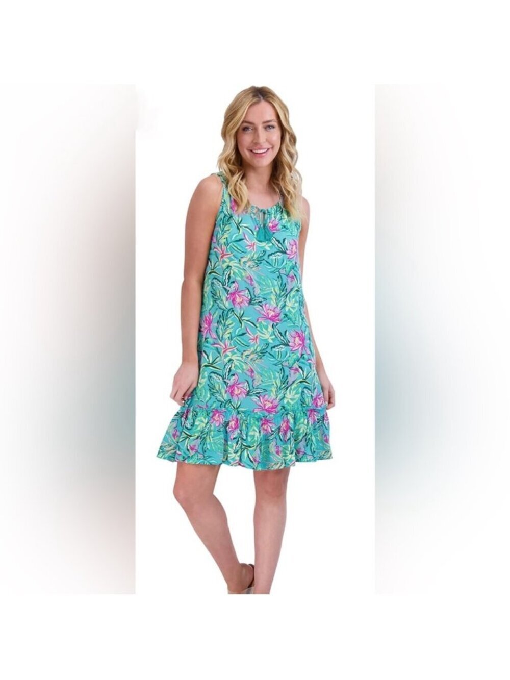 Stella Parker Teal & Pink Tropical Floral Tassel Shift Dress Rayon XL NWT